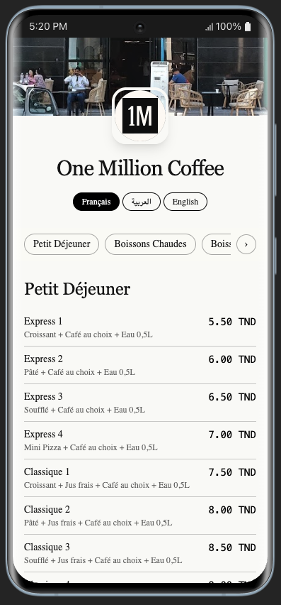 One Million Coffee QR menu and ordering